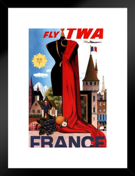 Visit France Paris Fly TWA Eiffel Tower French Flag Fashion Vintage Illustration Travel Cool Wall Decor Matted Framed Wall Decor Art Print 20x26