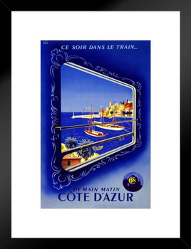 France Cote Dazur Azur Ce Soir Dans Le Train Tropical Ocean Port Vintage Illustration Travel Cool Wall Decor Matted Framed Wall Decor Art Print 20x26