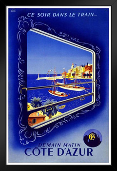 France Cote Dazur Azur Ce Soir Dans Le Train Tropical Ocean Port Vintage Illustration Travel Cool Wall Decor Art Print Black Wood Framed Poster 14x20
