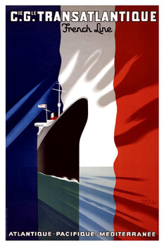 Laminated France Transatlantique Line French Flag Ocean Liner Cruise Ship Atlantic Pacific Ocean Vintage Illustration Travel Poster Dry Erase Sign 12x18