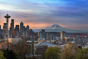 Seattle Sunrise with Mount Rainier Space Needle Photo Photograph Thick Paper Sign Print Picture 12x8