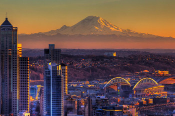 Seattle Washington Skyline with Mount Rainier Photo Photograph Thick Paper Sign Print Picture 12x8