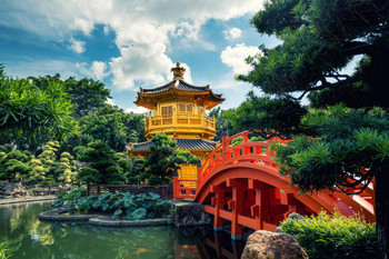 Golden Pavilion Temple With Red Bridge Nan Lian Garden Hong Kong Photo Photograph Thick Paper Sign Print Picture 12x8