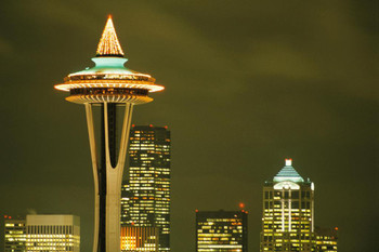 Space Needle Seattle Washington Skyline at Night Photo Photograph Thick Paper Sign Print Picture 12x8
