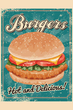 Burgers Hot and Delicious Retro Thick Paper Sign Print Picture 8x12