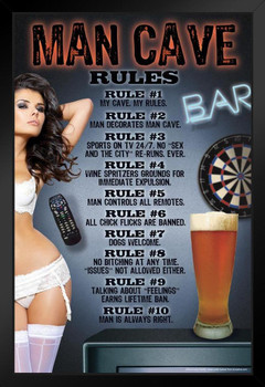 Man Cave My Cave My Rules Funny Hot Girl Bar Cool Wall Decor Art Print Black Wood Framed Poster 14x20