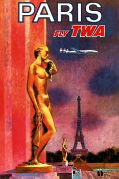 Visit France Paris Fly TWA Eiffel Tower Vintage Illustration Travel Thick Paper Sign Print Picture 8x12