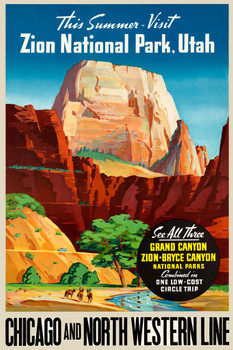 Visit Zion National Park Utah Grand Canyon Bryce Horseback Riders Illustration Western United States Vintage Railroad Travel Cool Huge Large Giant Poster Art 36x54