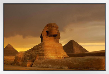 Sunset On Great Sphinx At Giza and Pyramid Complex Giza Necropolis Photo Photograph Ancient Egypt Ruins Monuments Desert Landscape White Wood Framed Art Poster 20x14