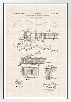 Famous Electric Guitar 1956 Official Patent Diagram Musical Stringed Instrument Tan Diagram Illustration Sketch Rock Roll Band Music Decoration White Wood Framed Art Poster 14x20