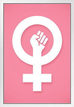 Feminist Female Empowerment Symbol Girl Power Fist Pink Sign Feminism Woman Women Rights Matricentric Empowering Equality Justice Freedom White Wood Framed Art Poster 14x20