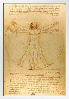 Leonardo Da Vinci Vitruvian Man Poster Drawing Circa 1490 Human Body Sketch Renaissance Italy White Wood Framed Art Poster 14x20