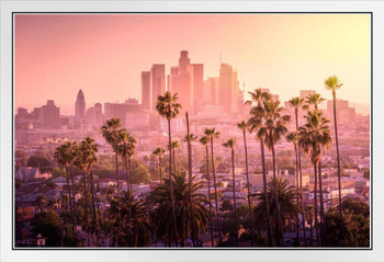 Los Angeles California City Skyline Sunset Landscape LAX SoCal Photo Beach Palm Pictures Ocean Scenic Tropical Nature Photography Paradise Scenes White Wood Framed Art Poster 20x14