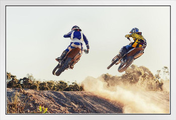 Taking It To The Sky Dirt Bike Riders During Jump Photo Photograph White Wood Framed Poster 20x14