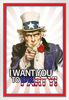 I Want You To Party Uncle Sam Funny White Wood Framed Poster 14x20