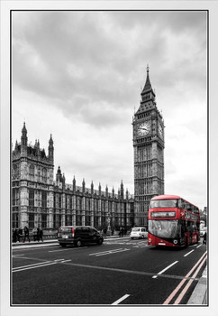 Red London Bus Houses Parliament Big Ben London Photo Photograph White Wood Framed Poster 14x20