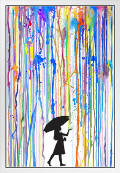 Girl With Umbrella Colorful Rainbow Rain Poster Black Silhouette Walking Abstract Watercolor Painting White Wood Framed Art Poster 14x20