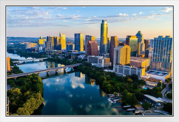 Austin Texas Skyline Tranquil Lady Bird Lake at Sunrise Photo Photograph White Wood Framed Poster 20x14