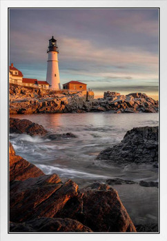 Sunrise Portland Head Lighthouse Cape Elizabeth Photo Photograph White Wood Framed Poster 14x20