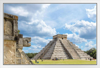 El Castillo Mayan Temple Chichen Itza Mexico Photo Photograph White Wood Framed Poster 20x14