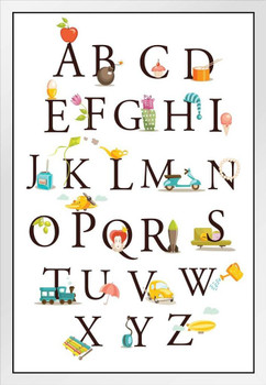 Cute Cartoon Alphabet ABC Letters Learn To Read Preschool PreK Elementary School Classroom Learning Educational Teacher Homeschool Chart Display Teaching Aide White Wood Framed Art Poster 14x20