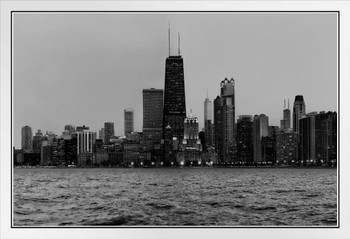 Chicago Illinois Skyline from Lake Michigan Black and White B&W Photo Photograph White Wood Framed Poster 20x14