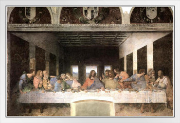 Leonardo Da Vinci The Last Supper Jesus Apostles Holy Communion Lords Supper Painting White Wood Framed Poster 14x20