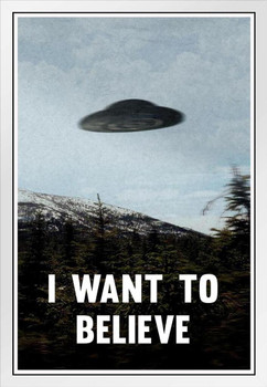 I Want To Believe TV Show UFO Flying On Earth Photo Poster Scifi Fantasy Horror Aliens White Wood Framed Art Poster 14x20