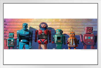 Robots Caught Again Lineup by Eric Joyner White Wood Framed Poster 14x20