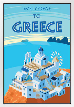 Welcome To Greece Retro Travel Art White Wood Framed Poster 14x20