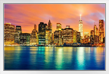 New York City NYC Manhattan Freedom Tower Skyline At Twilight Illuminated Reflecting In River White Wood Framed Poster 20x14