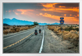 Biker Riding Motorcycle Sunset on Route 66 Photo Photograph Beach Palm Landscape Picture Ocean Scenic Tropical Nature Photography Paradise Highway White Wood Framed Art Poster 14x20