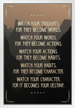 Watch Your Thoughts Mountains Photo Motivational Inspirational Kindness Quote Inspire Quotation Gratitude Positivity Motivate Sign Word Art Good Vibes Empathy White Wood Framed Art Poster 14x20