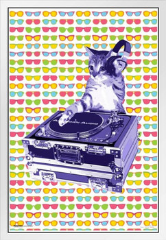 Steez DJ Cat White Wood Framed Poster 14x20
