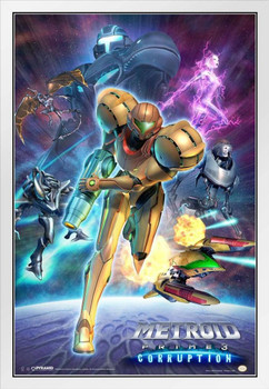 Metroid Prime 3 Corruption Video Game Gaming White Wood Framed Poster 14x20