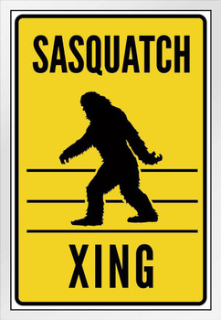 Warning Sign Sasquatch Crossing White Wood Framed Poster 14x20