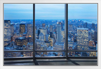 New York City Skyline Through Window at Dusk Photo Photograph White Wood Framed Poster 14x20