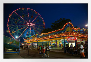 Coney Island Amusements Wonder Wheel at Dusk Photo Photograph White Wood Framed Poster 20x14