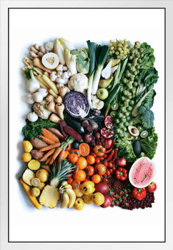 Fruits Vegetables Produce Colorful Healthy Rainbow Photo White Wood Framed Poster 14x20