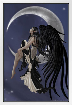 Stargazer Black White Fairy On Moon by Nene Thomas Fantasy Poster Night Stars Magical Elf White Wood Framed Art Poster 14x20