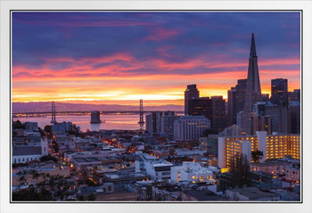 San Francisco California Bay Bridge Downtown Buildings at Dawn Sunrise Orange Purple Sky Landscape Photo White Wood Framed Art Poster 20x14