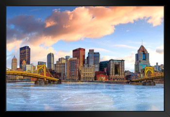 Downtown Pittsburgh Skyline Frozen River Skyline Sunrise Photo White Wood Framed Poster 20x14