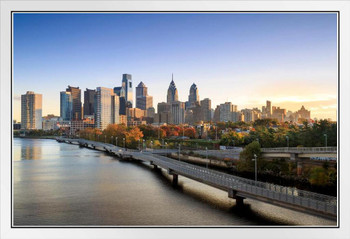 Philadelphia Skyline with Schuylkill Banks Boardwalk at Dawn Photo Photograph White Wood Framed Poster 20x14