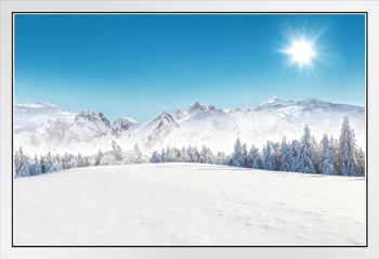 Winter Alpine Mountain Snowy Landscape Sunny Day Skiing Sports Nature Landscape Photo White Wood Framed Poster 14x20