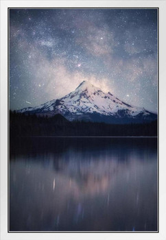 The Milky Way Over Lost Lake Mount Hood Oregon Photo Photograph White Wood Framed Poster 14x20