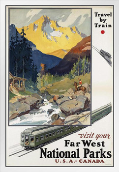 Far West National Parks Vintage Illustration Travel Art Deco Vintage French Wall Art Nouveau 1920 French Advertising Vintage Poster Prints Art Nouveau Decor White Wood Framed Art Poster 14x20