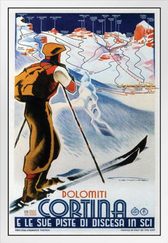 Dolomiti Cotina Ski Skiing Vintage Illustration Travel Art Deco Vintage French Wall Art Nouveau 1920 French Advertising Vintage Poster Prints Art Nouveau Decor White Wood Framed Art Poster 14x20