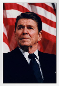 Ronald Reagan American Flag Photo White Wood Framed Poster 14x20