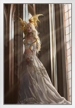 Asiria Dragon Princess In Castle by Nene Thomas Fantasy Poster Golden Dragon On Shoulder Kingdom White Wood Framed Art Poster 14x20