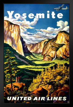 Visit Yosemite National Park California Half Dome Mountain Fly United Air Lines Camping Hiking Rock Climbing Nature Vintage Illustration Travel Black Wood Framed Poster 14x20